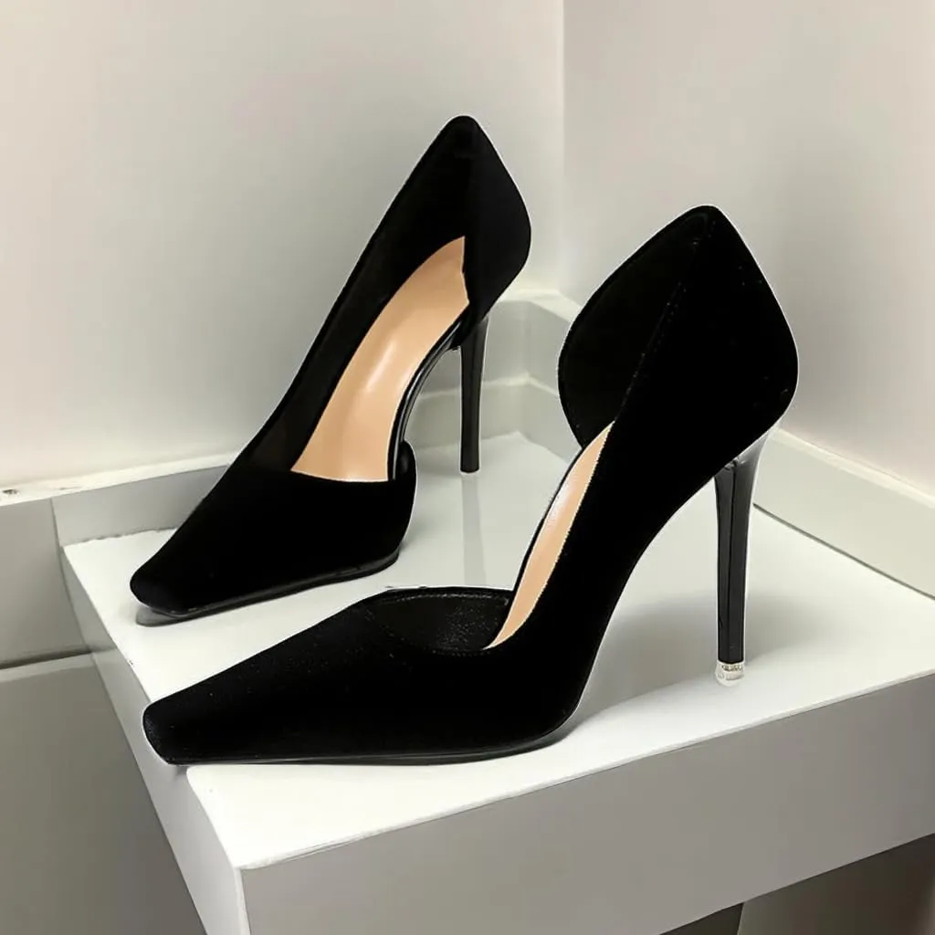 JOEupin Women Formal Stiletto High Heels Pumps Pointed Toe Velvet Slide Office Wedding Lady Party Dress Shoes 4Inch