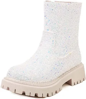 JOEupin Women's Lug Sole Platform Boots Mid Calf Sequin Chunky Block Heel Shiny Glitter Chelsea Ankle Booties