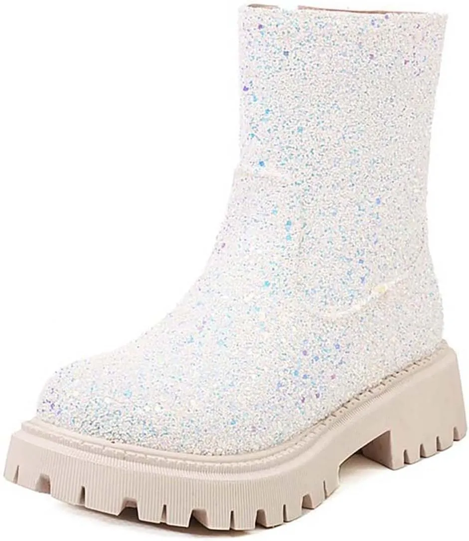 JOEupin Women's Lug Sole Platform Boots Mid Calf Sequin Chunky Block Heel Shiny Glitter Chelsea Ankle Booties