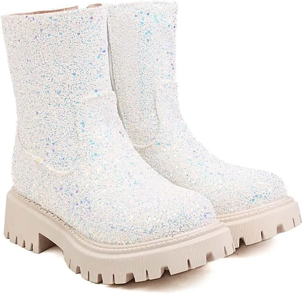 JOEupin Women's Lug Sole Platform Boots Mid Calf Sequin Chunky Block Heel Shiny Glitter Chelsea Ankle Booties