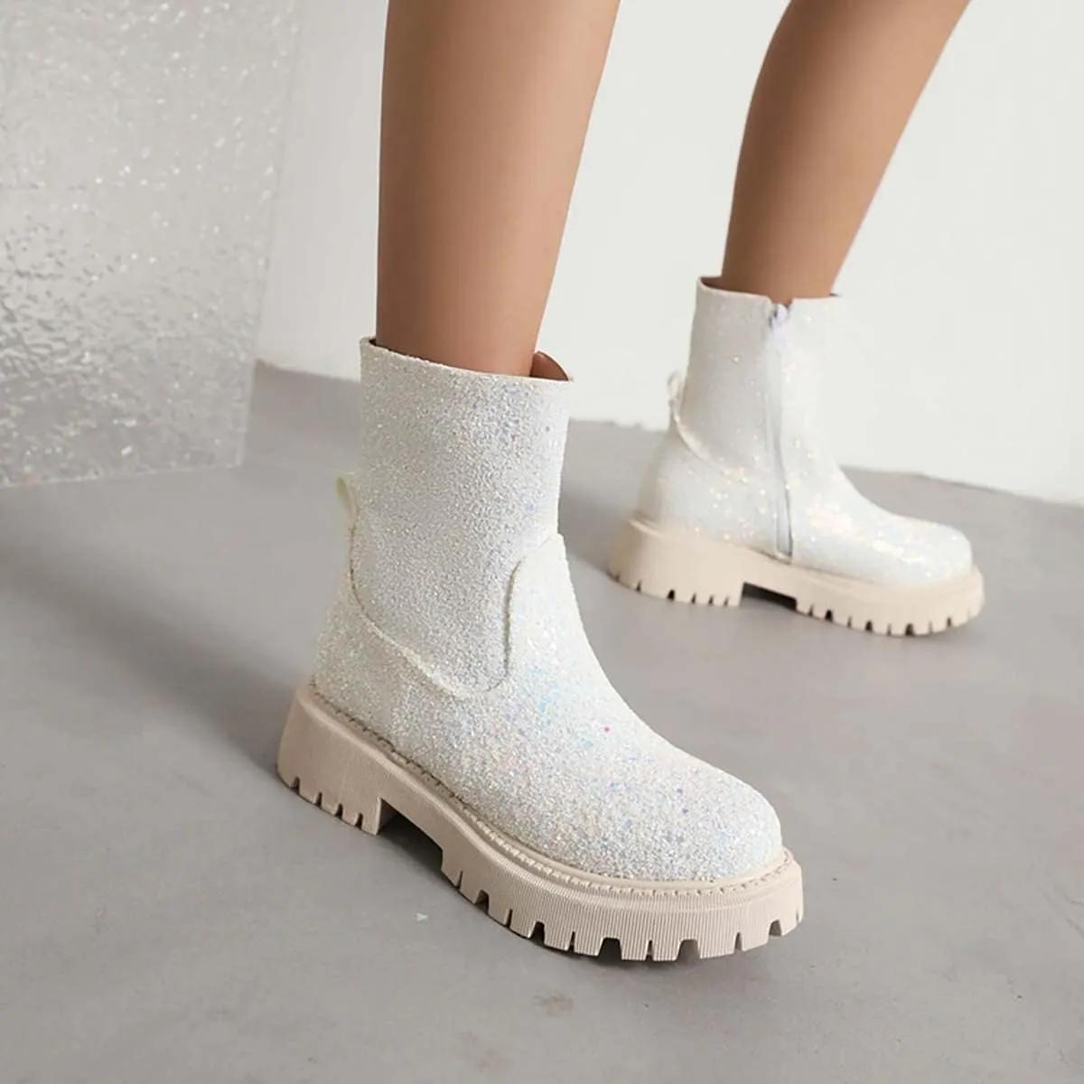JOEupin Women's Lug Sole Platform Boots Mid Calf Sequin Chunky Block Heel Shiny Glitter Chelsea Ankle Booties