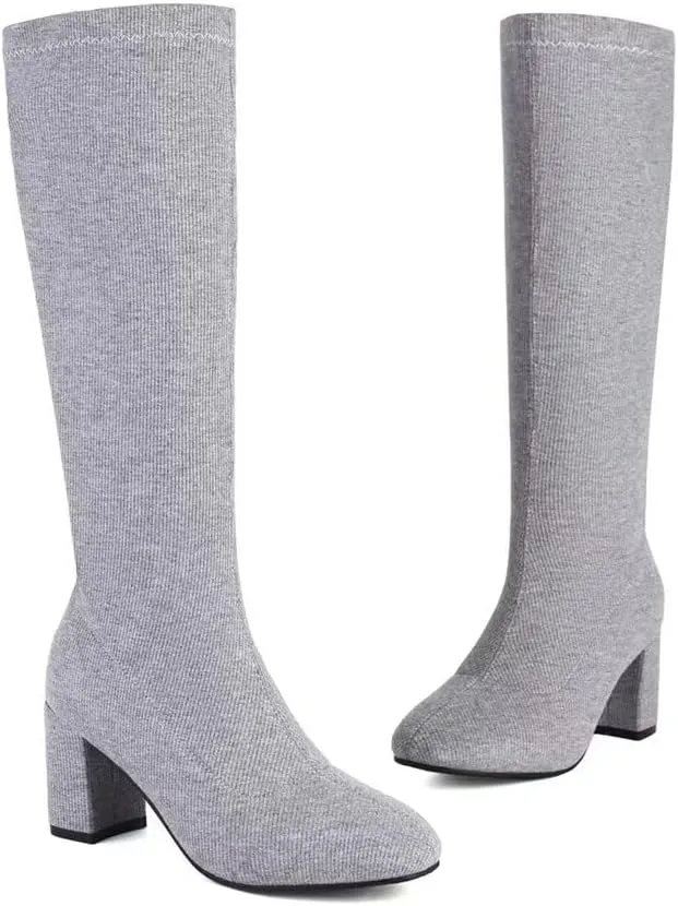Joojaky Woman Fashion Block Heel Knee High Boots Stilettos Chunky Heel Elastic Sock Boots