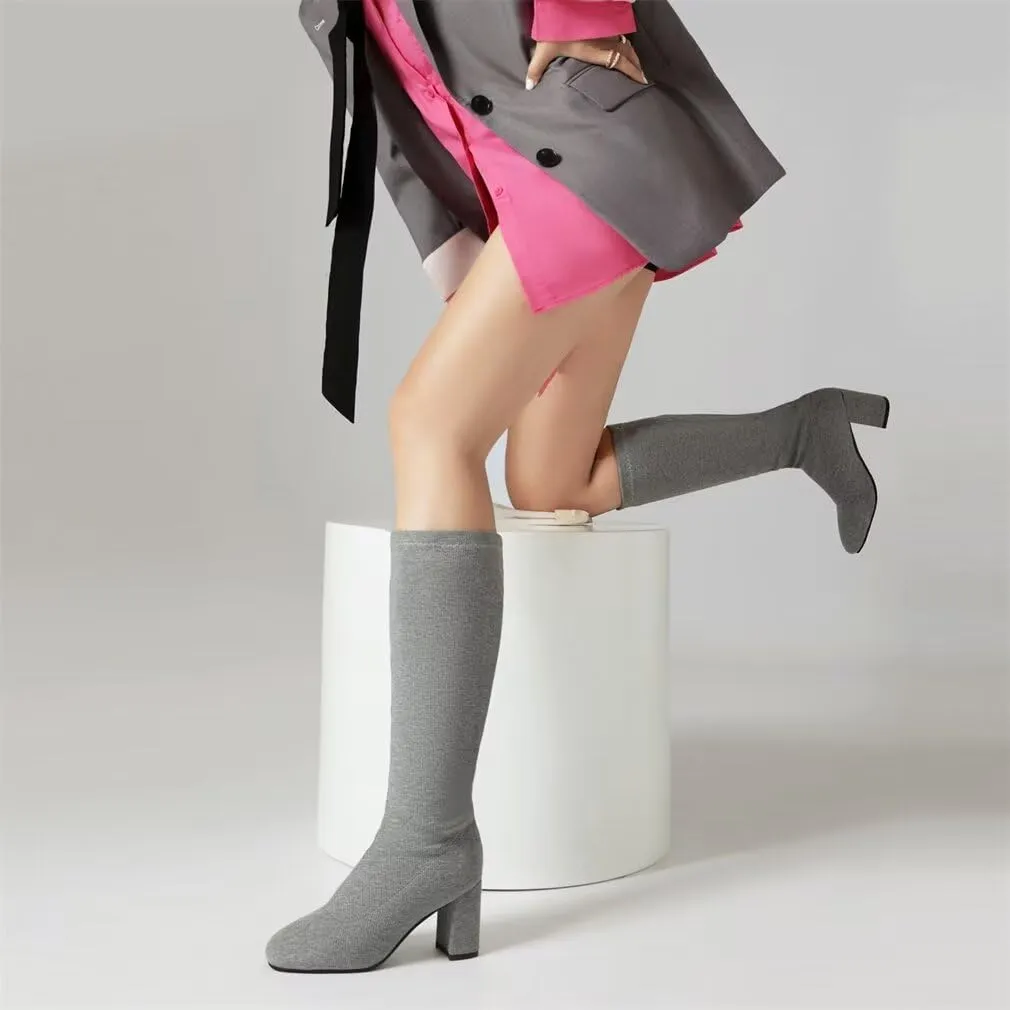 Joojaky Woman Fashion Block Heel Knee High Boots Stilettos Chunky Heel Elastic Sock Boots