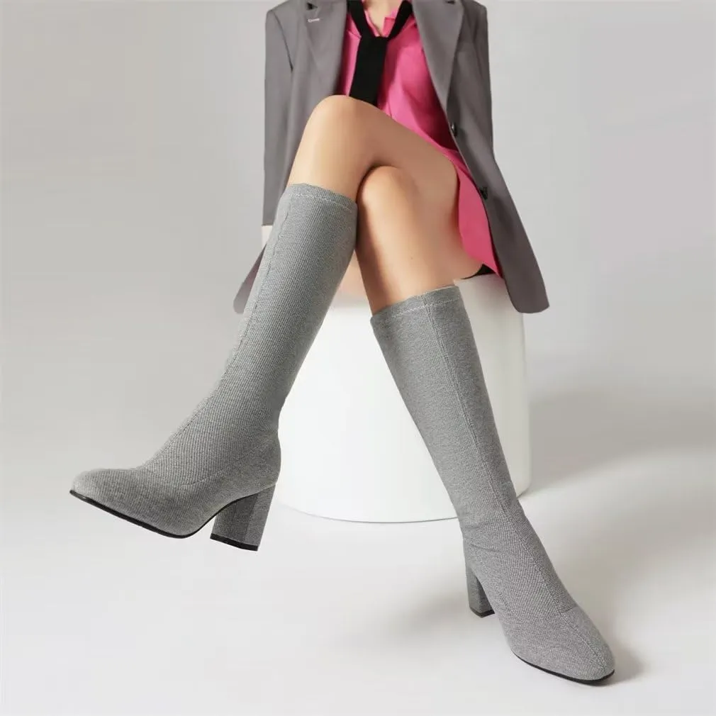 Joojaky Woman Fashion Block Heel Knee High Boots Stilettos Chunky Heel Elastic Sock Boots