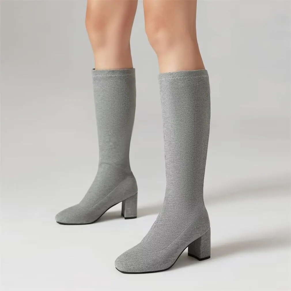Joojaky Woman Fashion Block Heel Knee High Boots Stilettos Chunky Heel Elastic Sock Boots