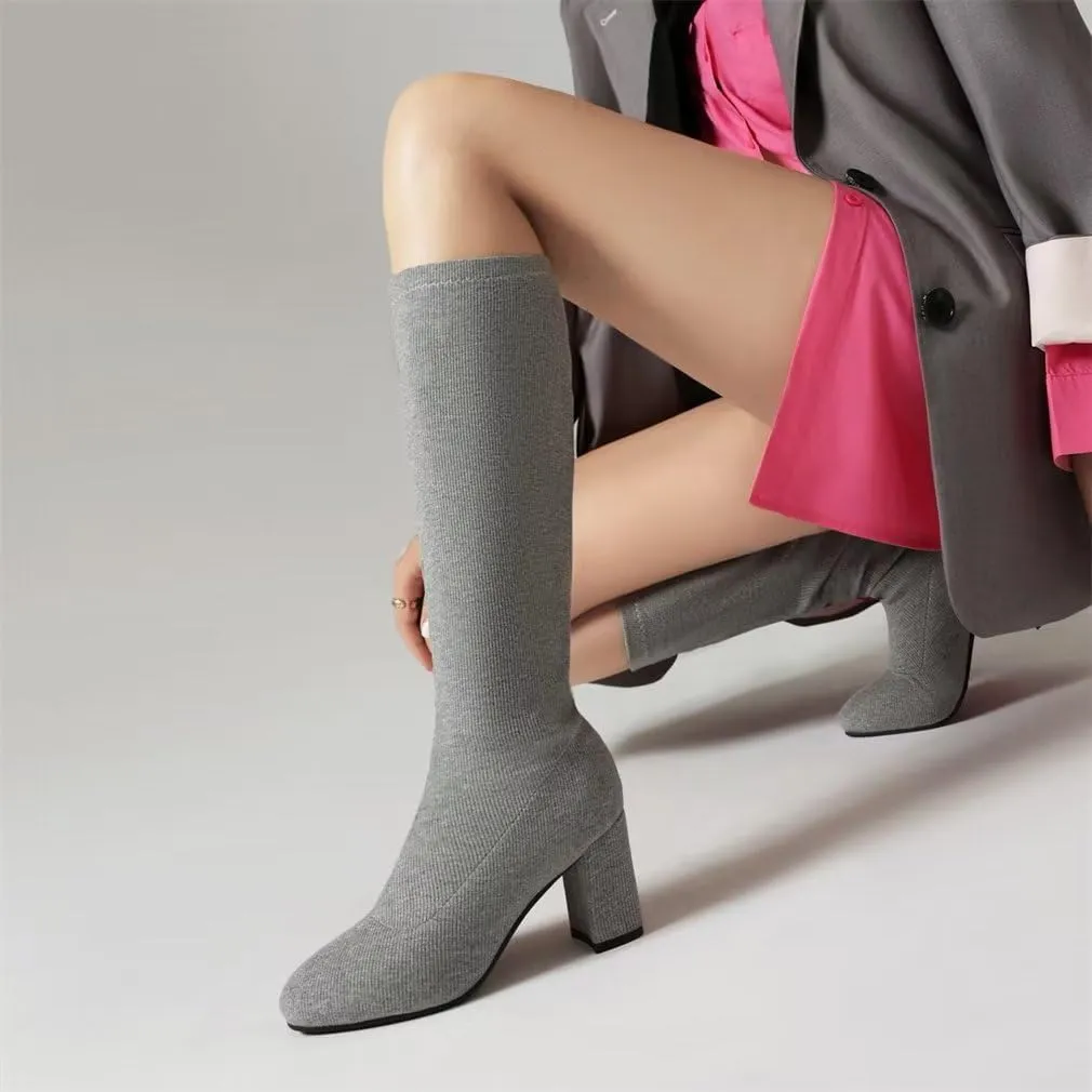 Joojaky Woman Fashion Block Heel Knee High Boots Stilettos Chunky Heel Elastic Sock Boots