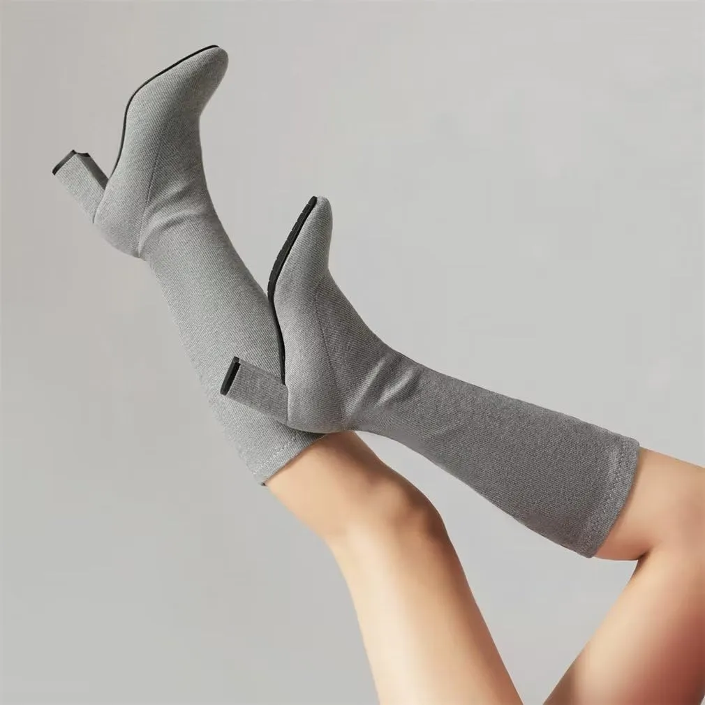 Joojaky Woman Fashion Block Heel Knee High Boots Stilettos Chunky Heel Elastic Sock Boots