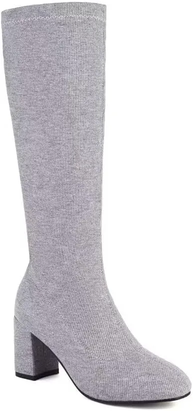 Joojaky Woman Fashion Block Heel Knee High Boots Stilettos Chunky Heel Elastic Sock Boots