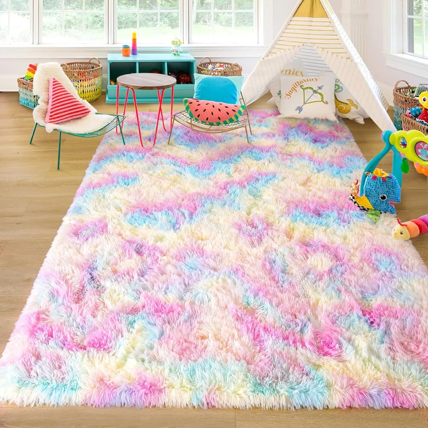 junovo Washable, Non-Slip Area Rug, Soft Rainbow Area Rug for Girl's Room, Children's Play mat, Baby Girl Bedroom Nursery Home Bedroom, 4ft x 6ft Tie-Dyed Rainbow