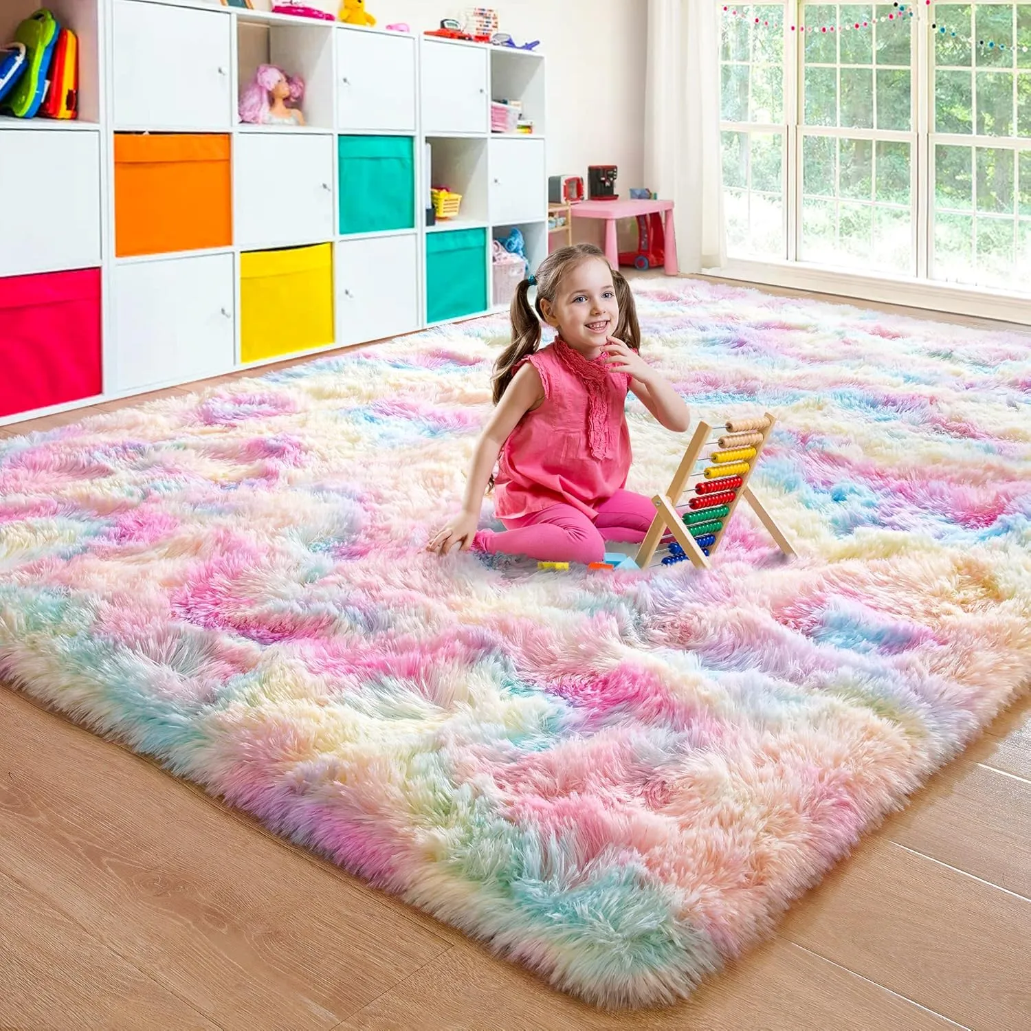 junovo Washable, Non-Slip Area Rug, Soft Rainbow Area Rug for Girl's Room, Children's Play mat, Baby Girl Bedroom Nursery Home Bedroom, 4ft x 6ft Tie-Dyed Rainbow