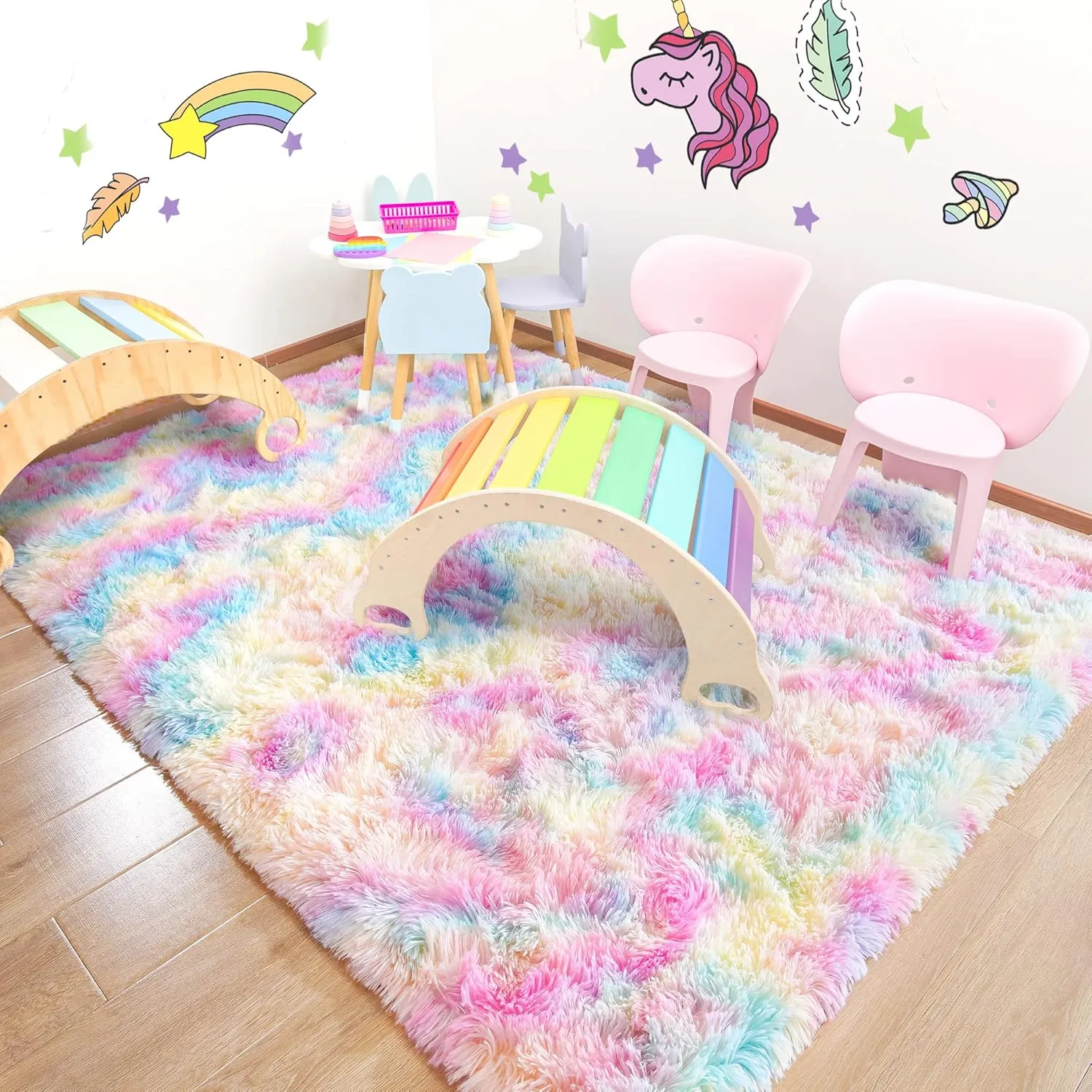 junovo Washable, Non-Slip Area Rug, Soft Rainbow Area Rug for Girl's Room, Children's Play mat, Baby Girl Bedroom Nursery Home Bedroom, 4ft x 6ft Tie-Dyed Rainbow