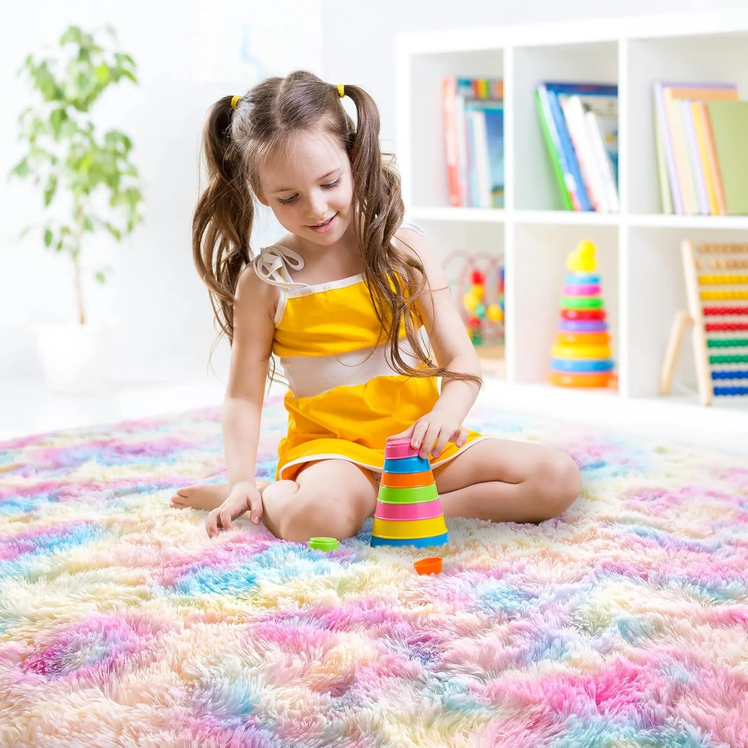 junovo Washable, Non-Slip Area Rug, Soft Rainbow Area Rug for Girl's Room, Children's Play mat, Baby Girl Bedroom Nursery Home Bedroom, 4ft x 6ft Tie-Dyed Rainbow