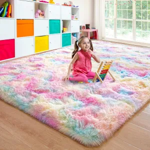 junovo Washable, Non-Slip Area Rug, Soft Rainbow Area Rug for Girl's Room, Children's Play mat, Baby Girl Bedroom Nursery Home Bedroom, 4ft x 6ft Tie-Dyed Rainbow