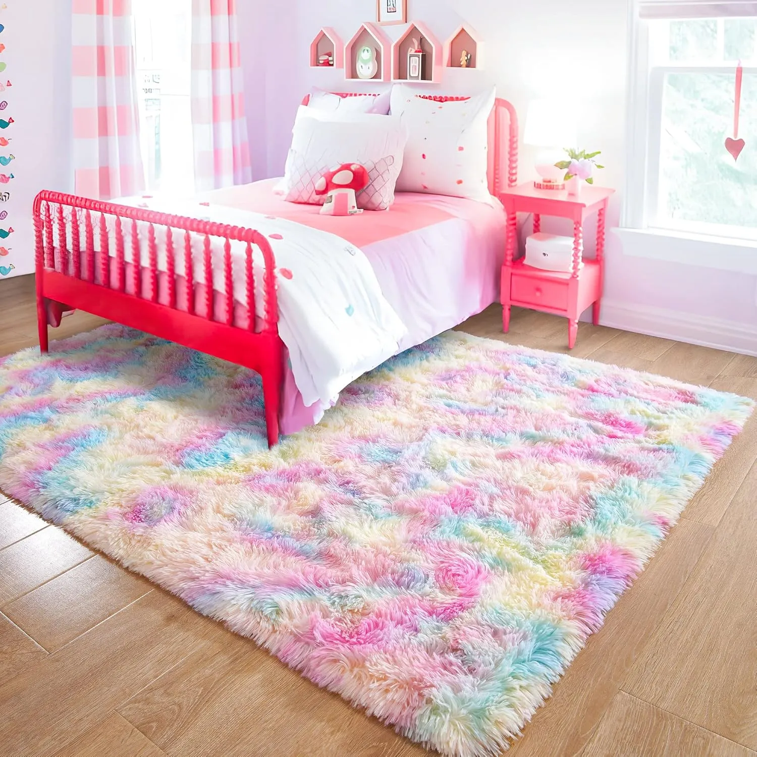 junovo Washable, Non-Slip Area Rug, Soft Rainbow Area Rug for Girl's Room, Children's Play mat, Baby Girl Bedroom Nursery Home Bedroom, 4ft x 6ft Tie-Dyed Rainbow