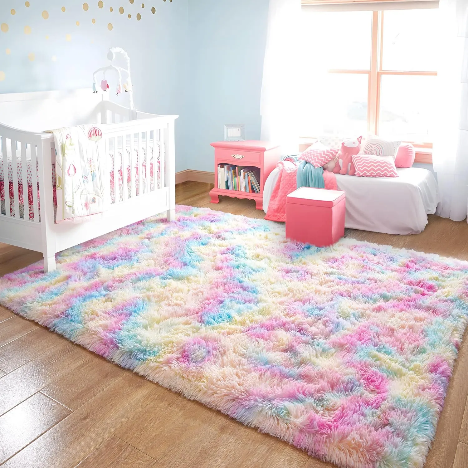junovo Washable, Non-Slip Area Rug, Soft Rainbow Area Rug for Girl's Room, Children's Play mat, Baby Girl Bedroom Nursery Home Bedroom, 4ft x 6ft Tie-Dyed Rainbow