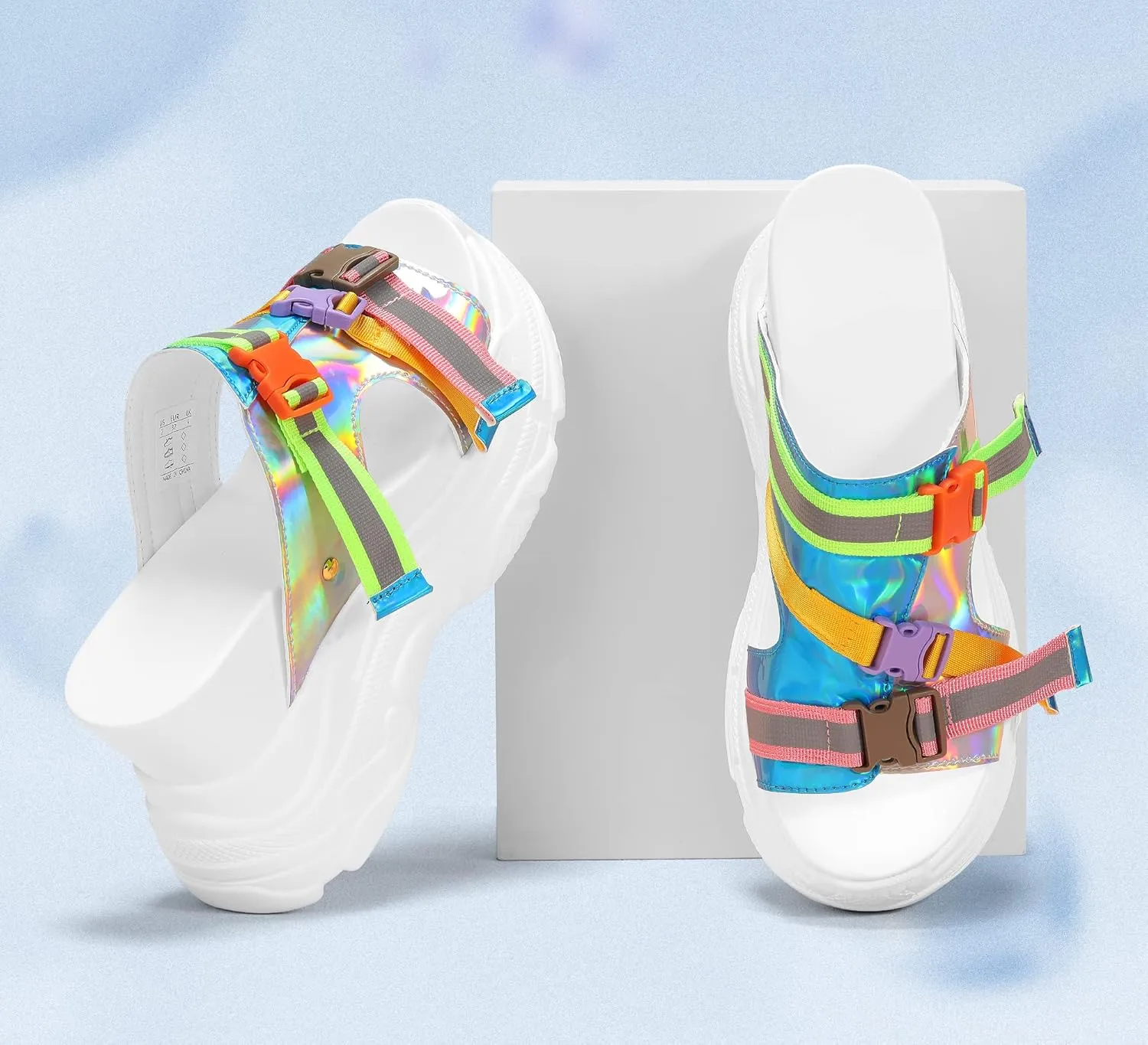 K KIP WOK Women‘s Wedge Chunky Sandals Heel Thick Bottom Summer Platform Slides Sequins Open Toe Tourist Slippers PU Leather Shoes