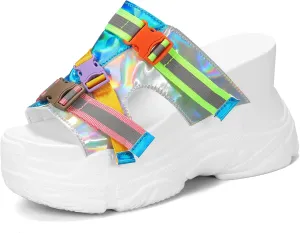 K KIP WOK Women‘s Wedge Chunky Sandals Heel Thick Bottom Summer Platform Slides Sequins Open Toe Tourist Slippers PU Leather Shoes