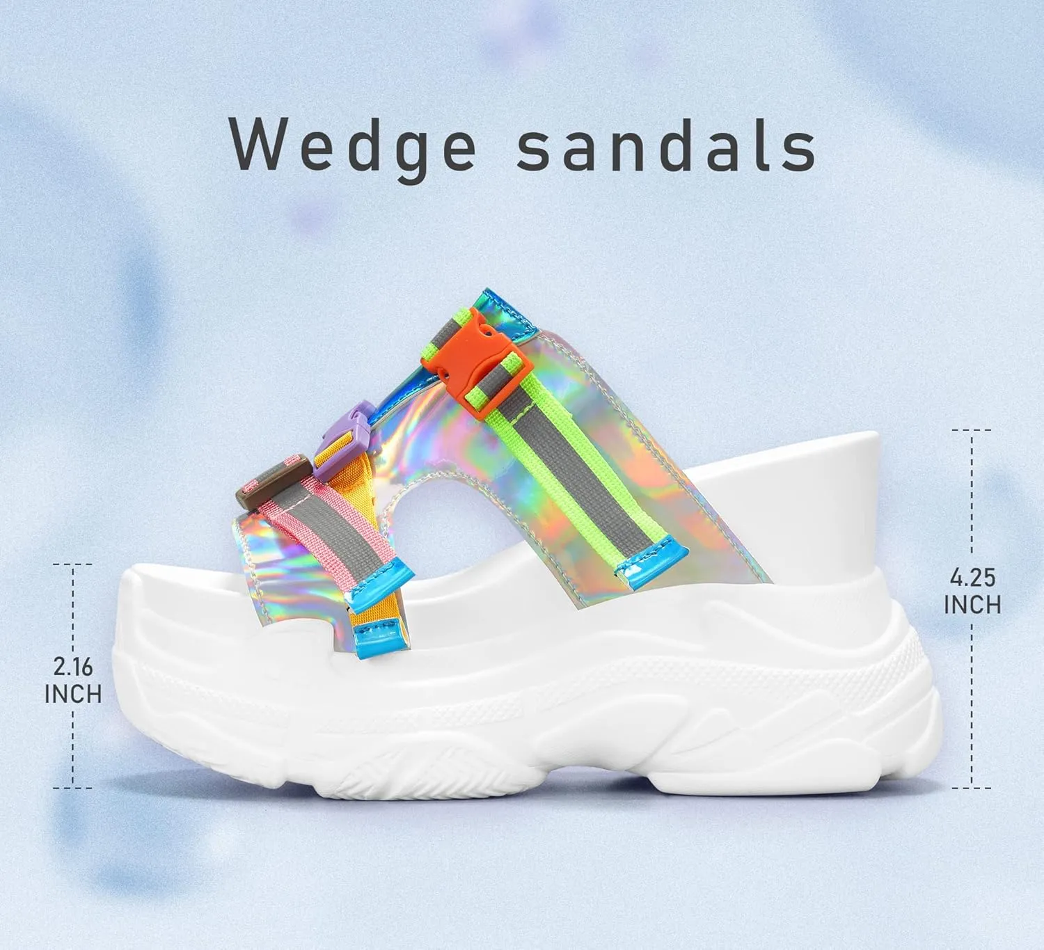 K KIP WOK Women‘s Wedge Chunky Sandals Heel Thick Bottom Summer Platform Slides Sequins Open Toe Tourist Slippers PU Leather Shoes