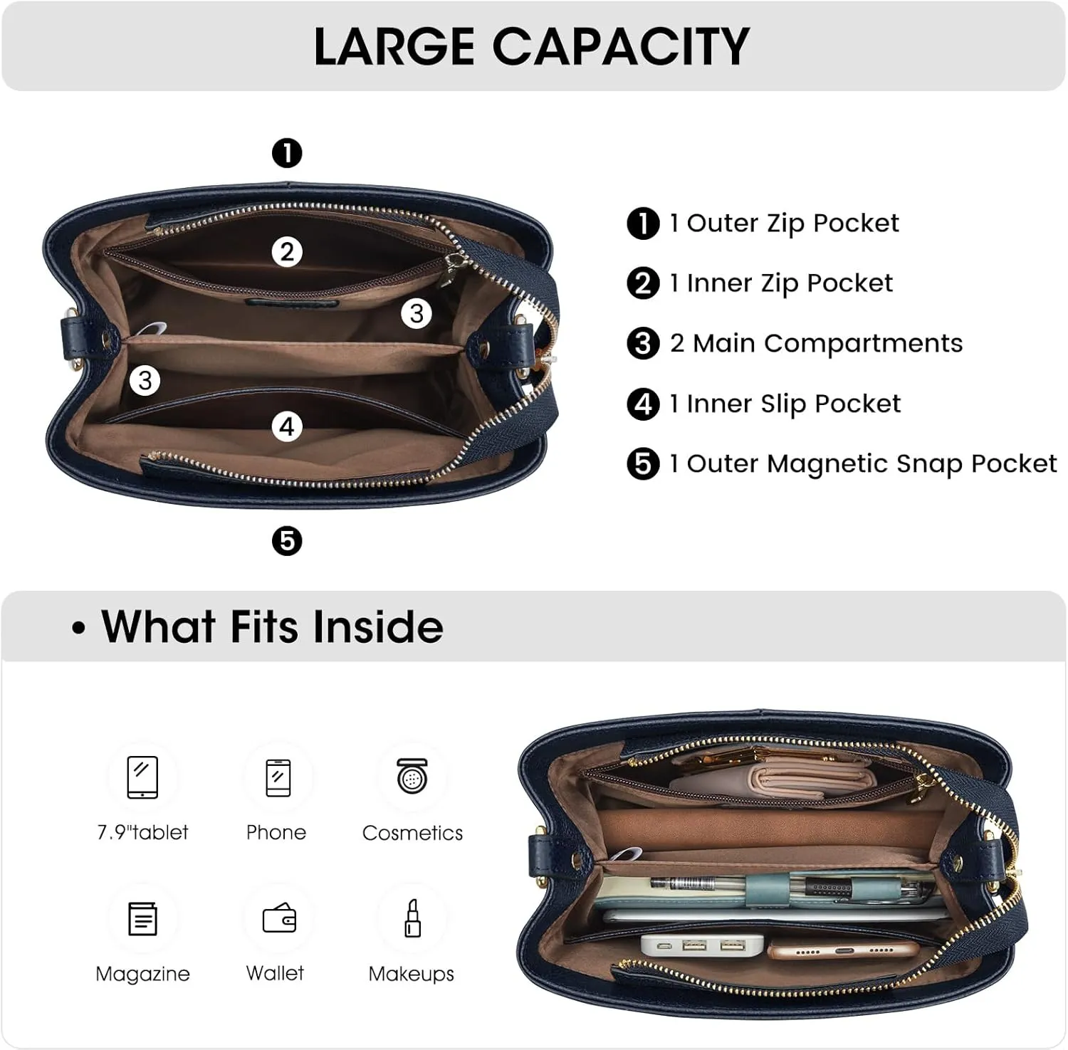 Kattee Leather Handbags for Women, Soft Shoulder Tote Crossbody Purses Bucket Bags with 2 Straps