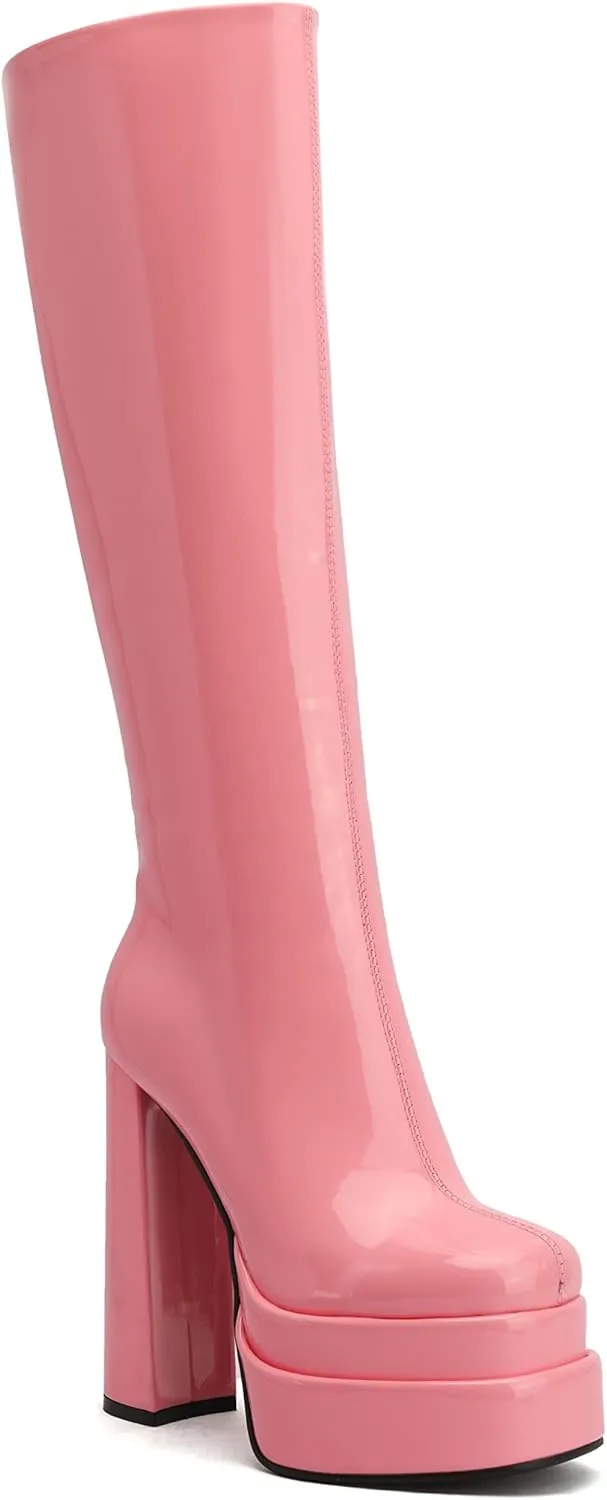 keleimusi Womens Chunky Platform Boots Knee High Block Heels Square Toe Tall Shoes