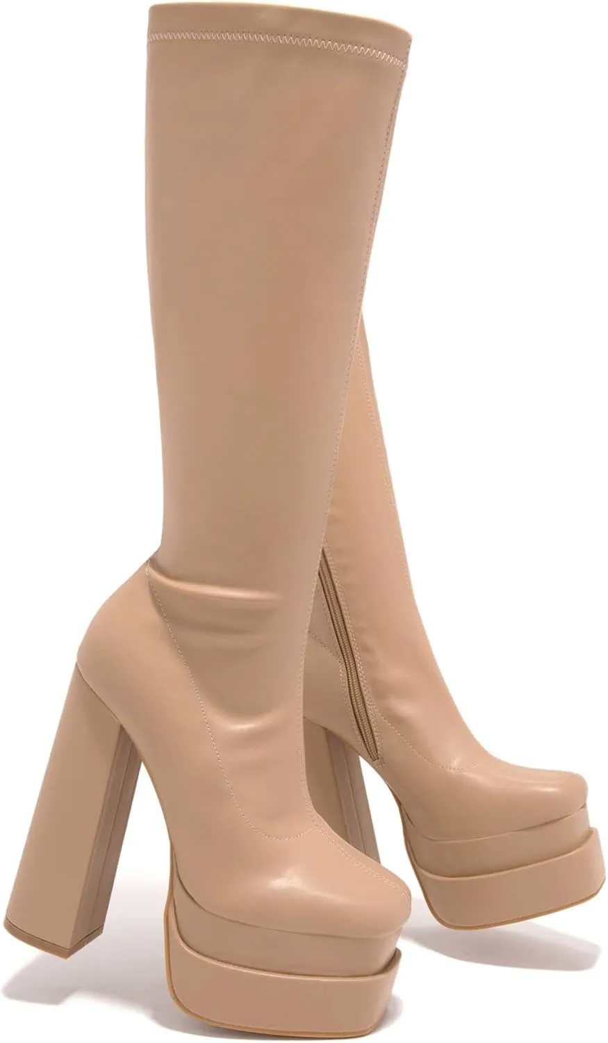 keleimusi Womens Chunky Platform Boots Knee High Block Heels Square Toe Tall Shoes