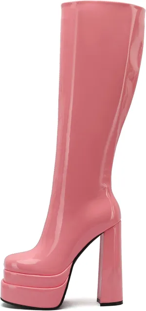 keleimusi Womens Chunky Platform Boots Knee High Block Heels Square Toe Tall Shoes