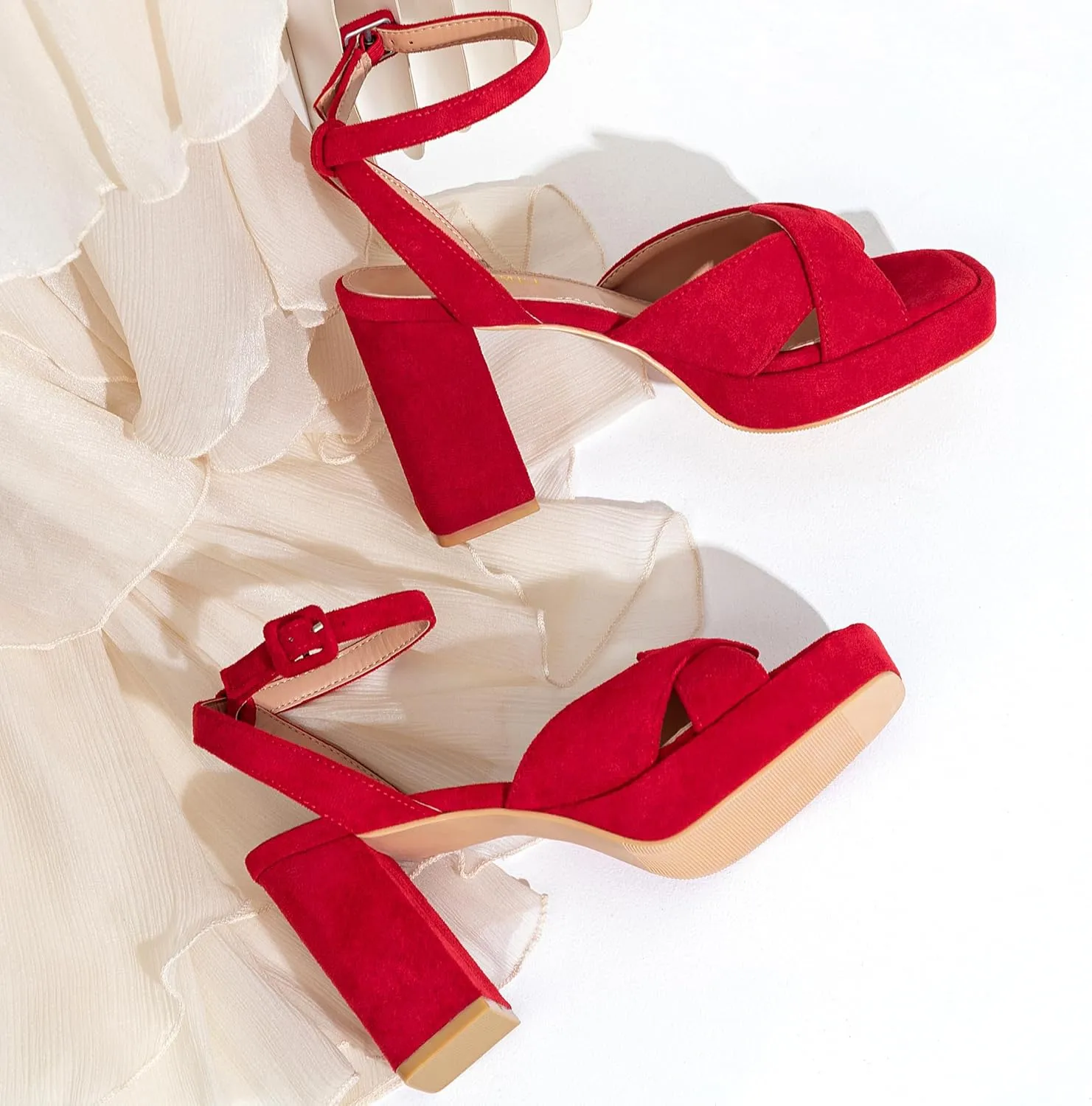 KHPAERMEI Chunky Platform Heels for Women 3.54 Inches Heeled Sandals Comfy Suede Open Toe Ankle Strap Dress High Heels Prom Wedding