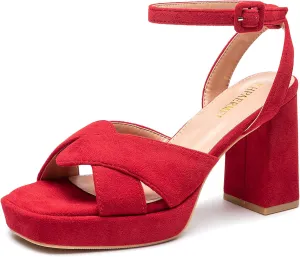 KHPAERMEI Chunky Platform Heels for Women 3.54 Inches Heeled Sandals Comfy Suede Open Toe Ankle Strap Dress High Heels Prom Wedding