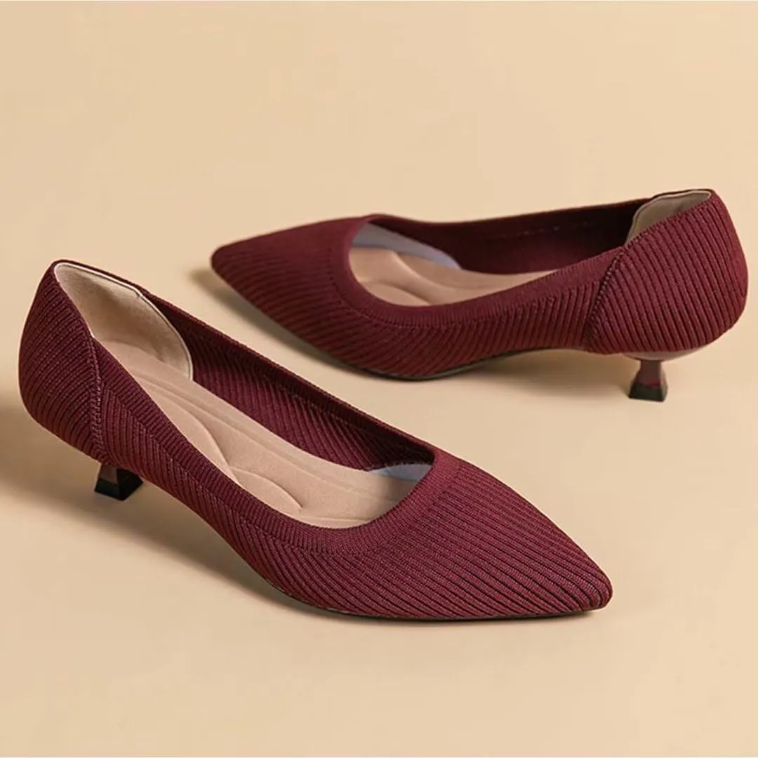 Kitten Heel Pumps for Women Pointed Toe Knit Slip On Foldable Comfortable Casual Formal Dress Shoes