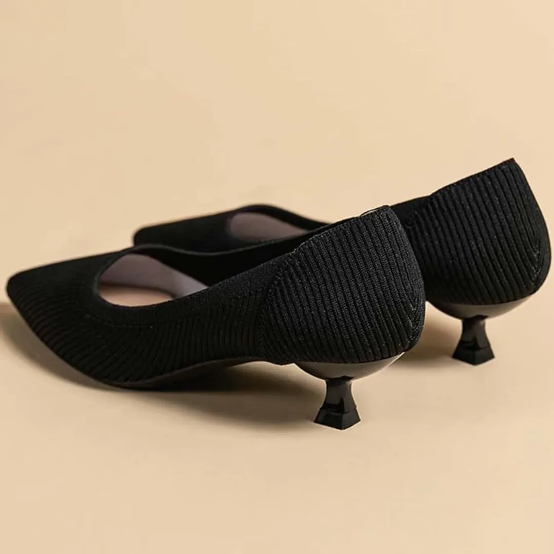 Kitten Heel Pumps for Women Pointed Toe Knit Slip On Foldable Comfortable Casual Formal Dress Shoes