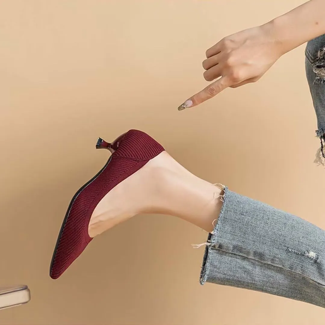 Kitten Heel Pumps for Women Pointed Toe Knit Slip On Foldable Comfortable Casual Formal Dress Shoes