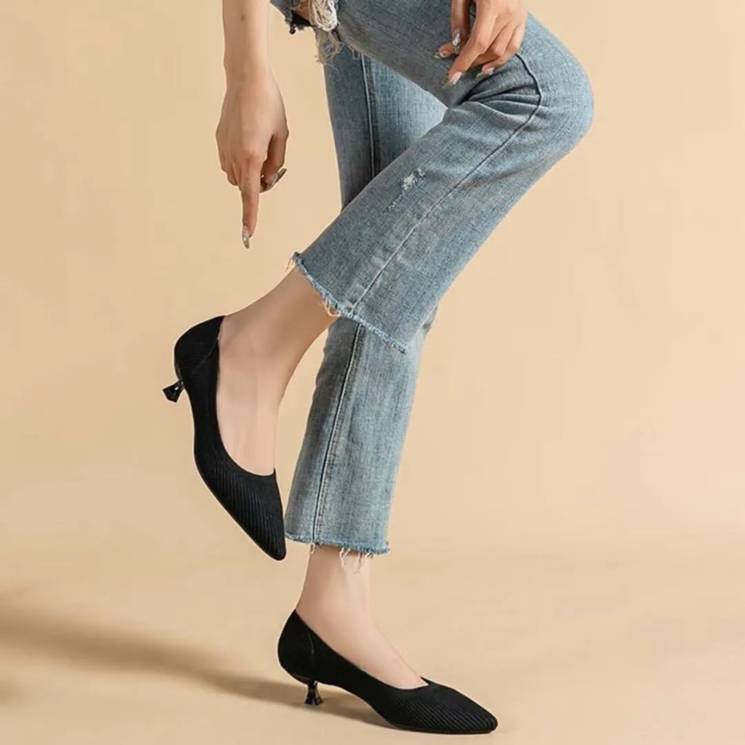 Kitten Heel Pumps for Women Pointed Toe Knit Slip On Foldable Comfortable Casual Formal Dress Shoes