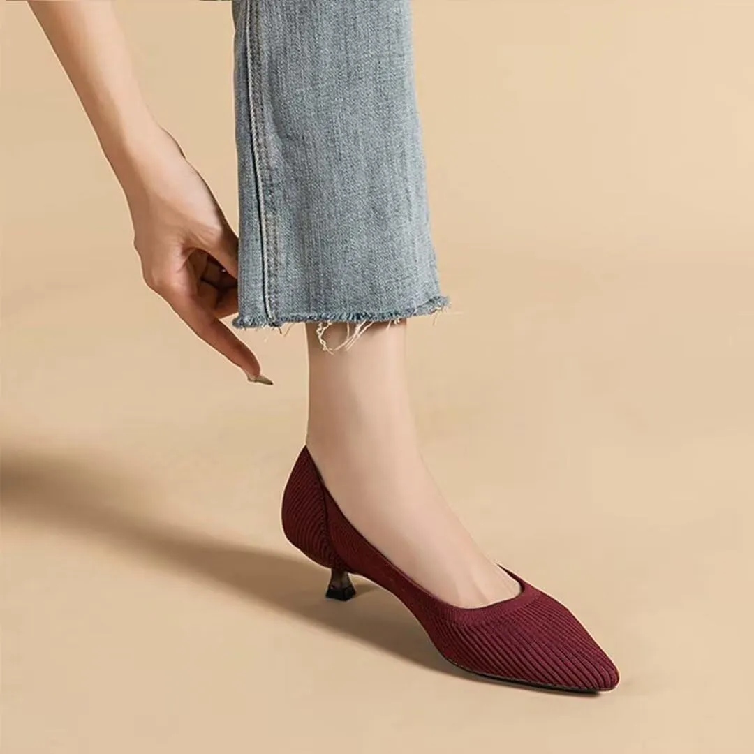 Kitten Heel Pumps for Women Pointed Toe Knit Slip On Foldable Comfortable Casual Formal Dress Shoes