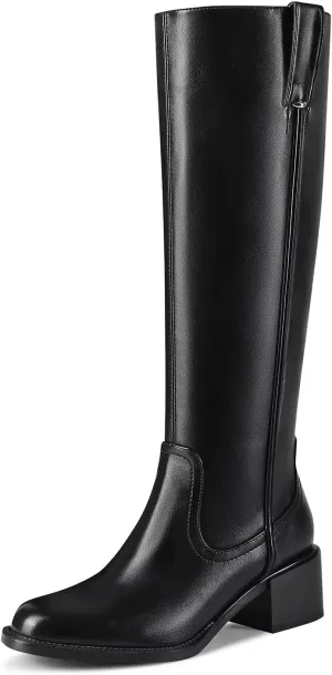 Knee High Boots For Women Chunky Heel Round Toe Leather Patent Boots Low Block Heel Tall Boots With Side Zipper