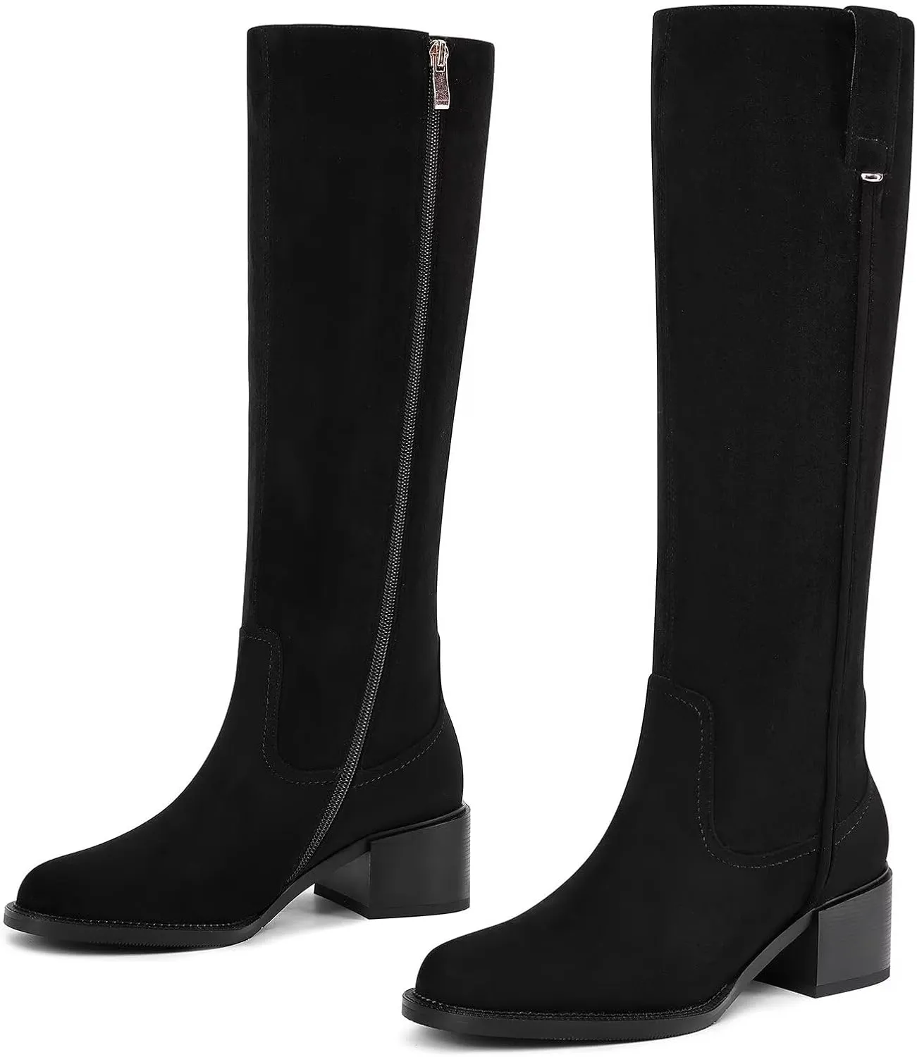 Knee High Boots For Women Chunky Heel Round Toe Leather Patent Boots Low Block Heel Tall Boots With Side Zipper