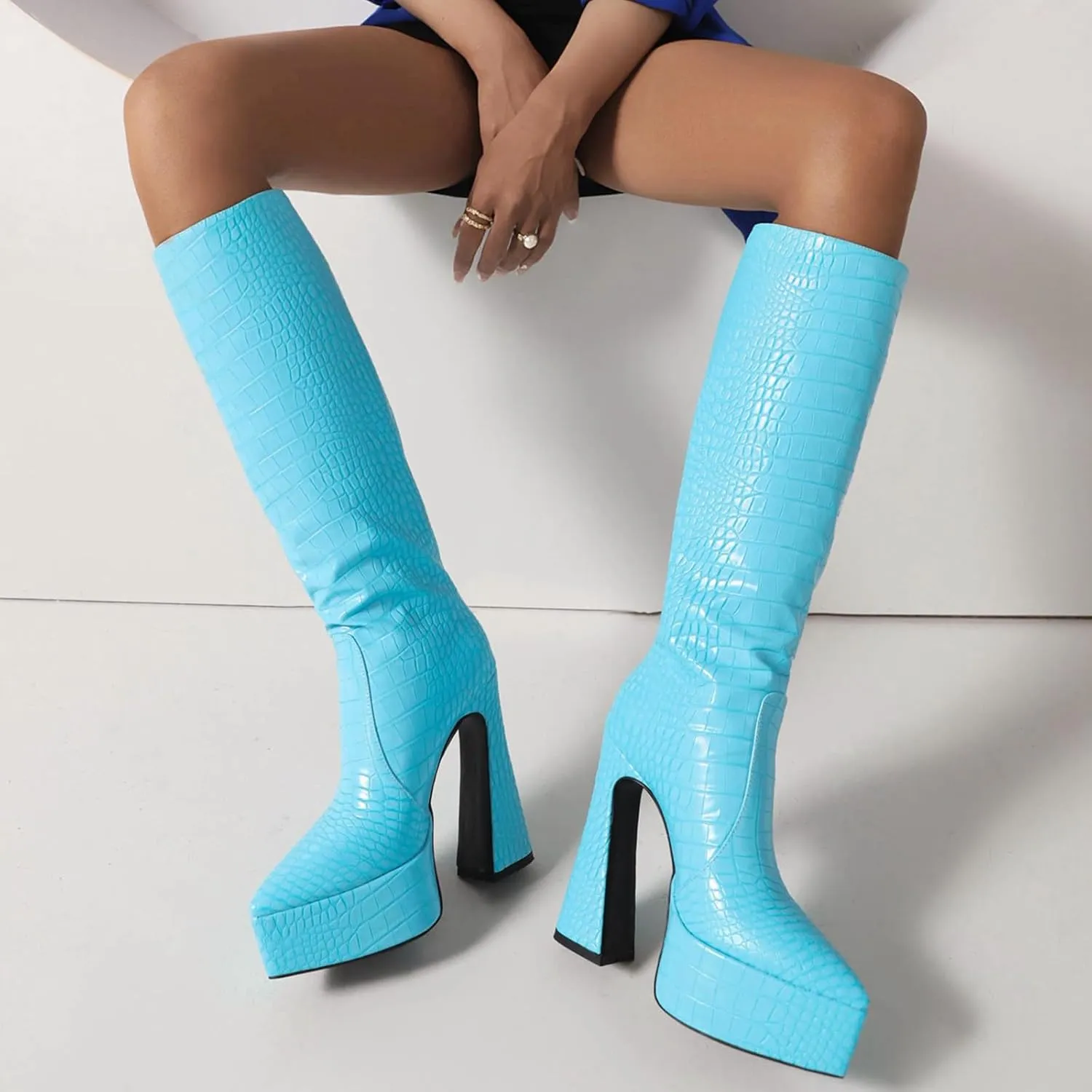 Knee-High Boots for Women,High Heel Boots with Croc-Embossed,Platform Boots with Slip-On Design for Parties or Concerts