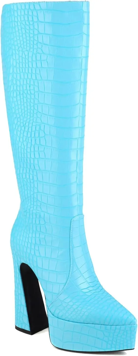 Knee-High Boots for Women,High Heel Boots with Croc-Embossed,Platform Boots with Slip-On Design for Parties or Concerts