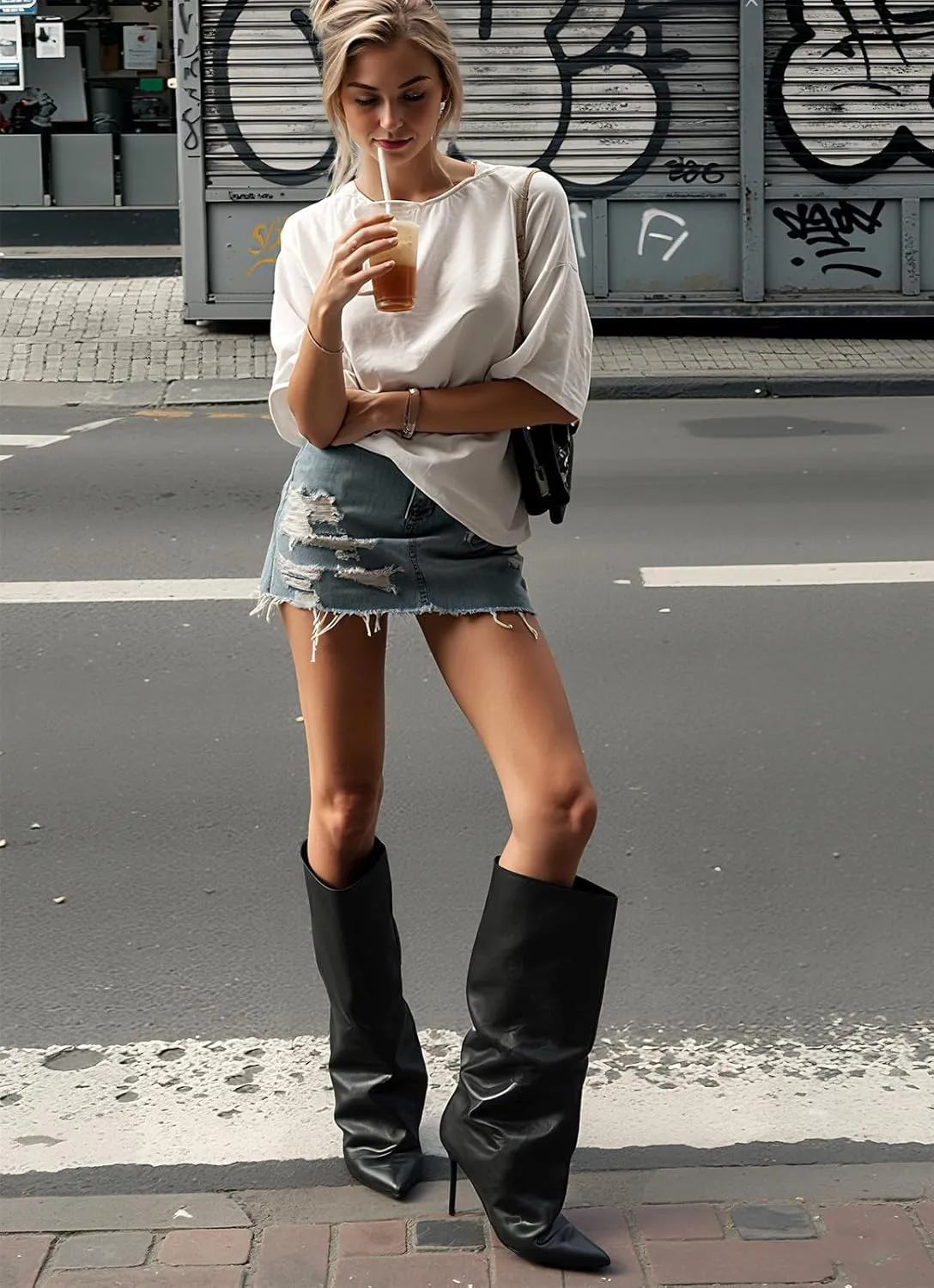 Knee High Boots Women, Slouchy Shark Boots with Pointed Toe Stiletto Heel Long Stylish Pull on High Heel Booties for Women