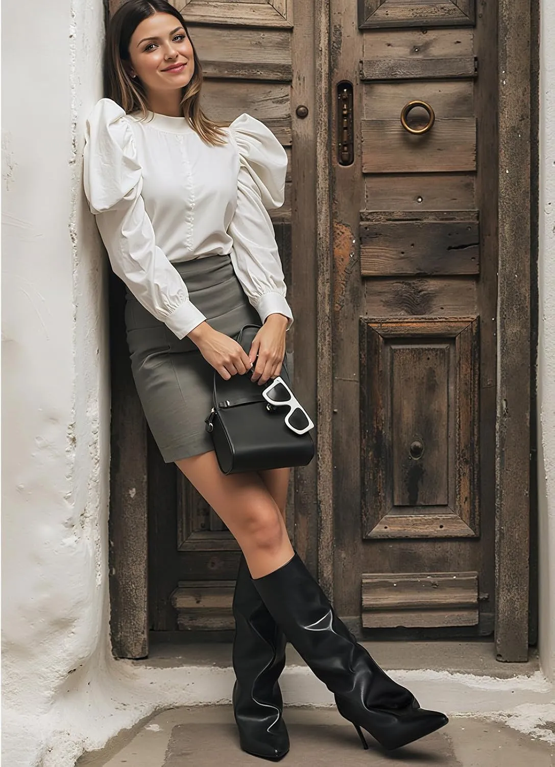 Knee High Boots Women, Slouchy Shark Boots with Pointed Toe Stiletto Heel Long Stylish Pull on High Heel Booties for Women