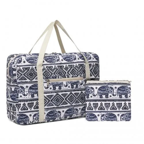 Kono Foldable Waterproof Storage Cabin Travel Handbag Elephant Print - Navy And Beige