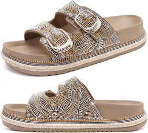 KuaiLu Womens Glitter Sandals with Arch Support Comfortable Orthopedic Cushion Recovery Slides Summer Fashion Sparkly Rhinestones Sandals Slip On Plantar Fasciitis Slippers for Indoor Outdoor