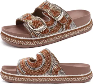 KuaiLu Womens Glitter Sandals with Arch Support Comfortable Orthopedic Cushion Recovery Slides Summer Fashion Sparkly Rhinestones Sandals Slip On Plantar Fasciitis Slippers for Indoor Outdoor