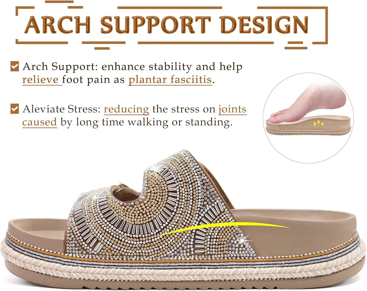 KuaiLu Womens Glitter Sandals with Arch Support Comfortable Orthopedic Cushion Recovery Slides Summer Fashion Sparkly Rhinestones Sandals Slip On Plantar Fasciitis Slippers for Indoor Outdoor