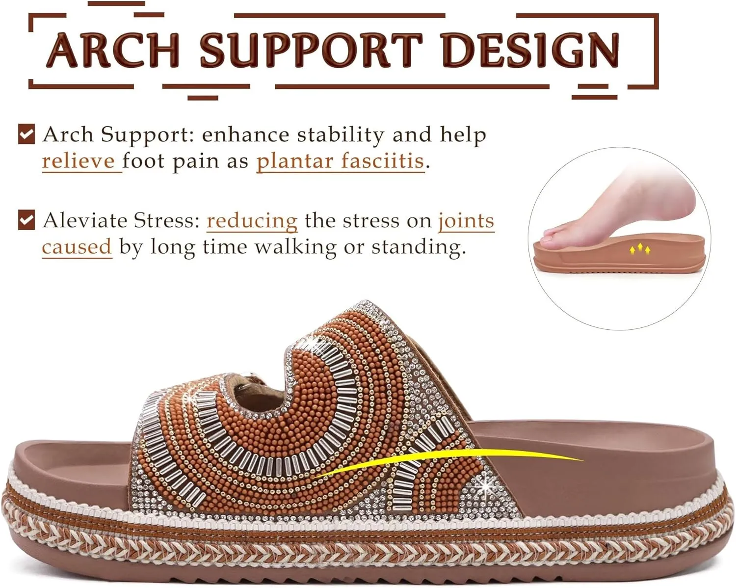 KuaiLu Womens Glitter Sandals with Arch Support Comfortable Orthopedic Cushion Recovery Slides Summer Fashion Sparkly Rhinestones Sandals Slip On Plantar Fasciitis Slippers for Indoor Outdoor