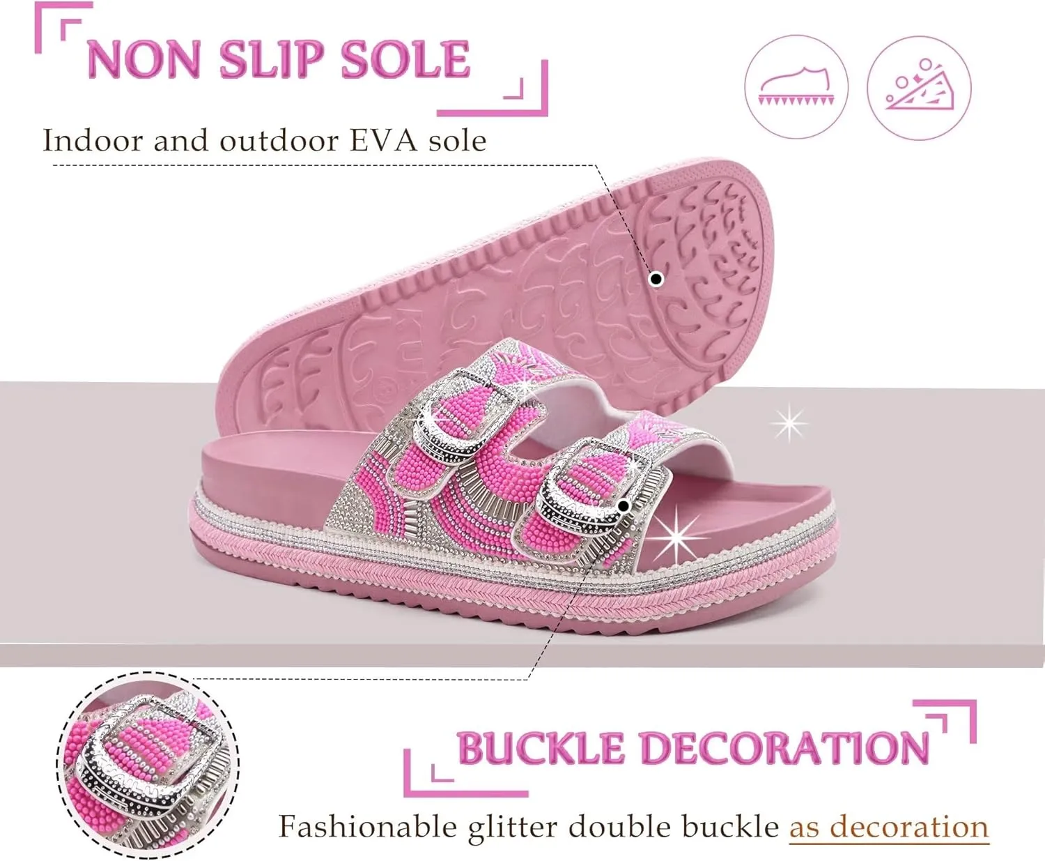 KuaiLu Womens Glitter Sandals with Arch Support Comfortable Orthopedic Cushion Recovery Slides Summer Fashion Sparkly Rhinestones Sandals Slip On Plantar Fasciitis Slippers for Indoor Outdoor