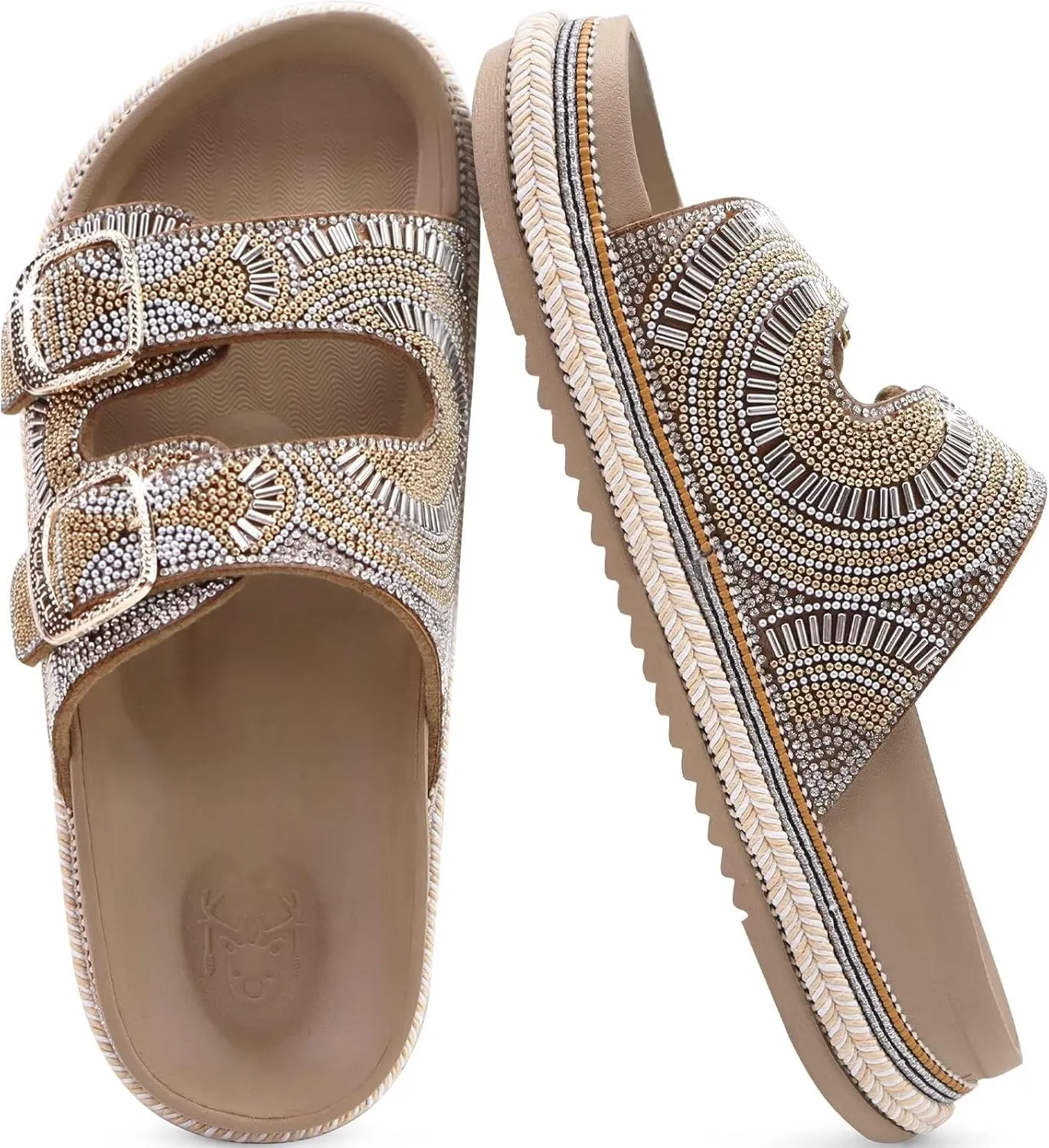 KuaiLu Womens Glitter Sandals with Arch Support Comfortable Orthopedic Cushion Recovery Slides Summer Fashion Sparkly Rhinestones Sandals Slip On Plantar Fasciitis Slippers for Indoor Outdoor