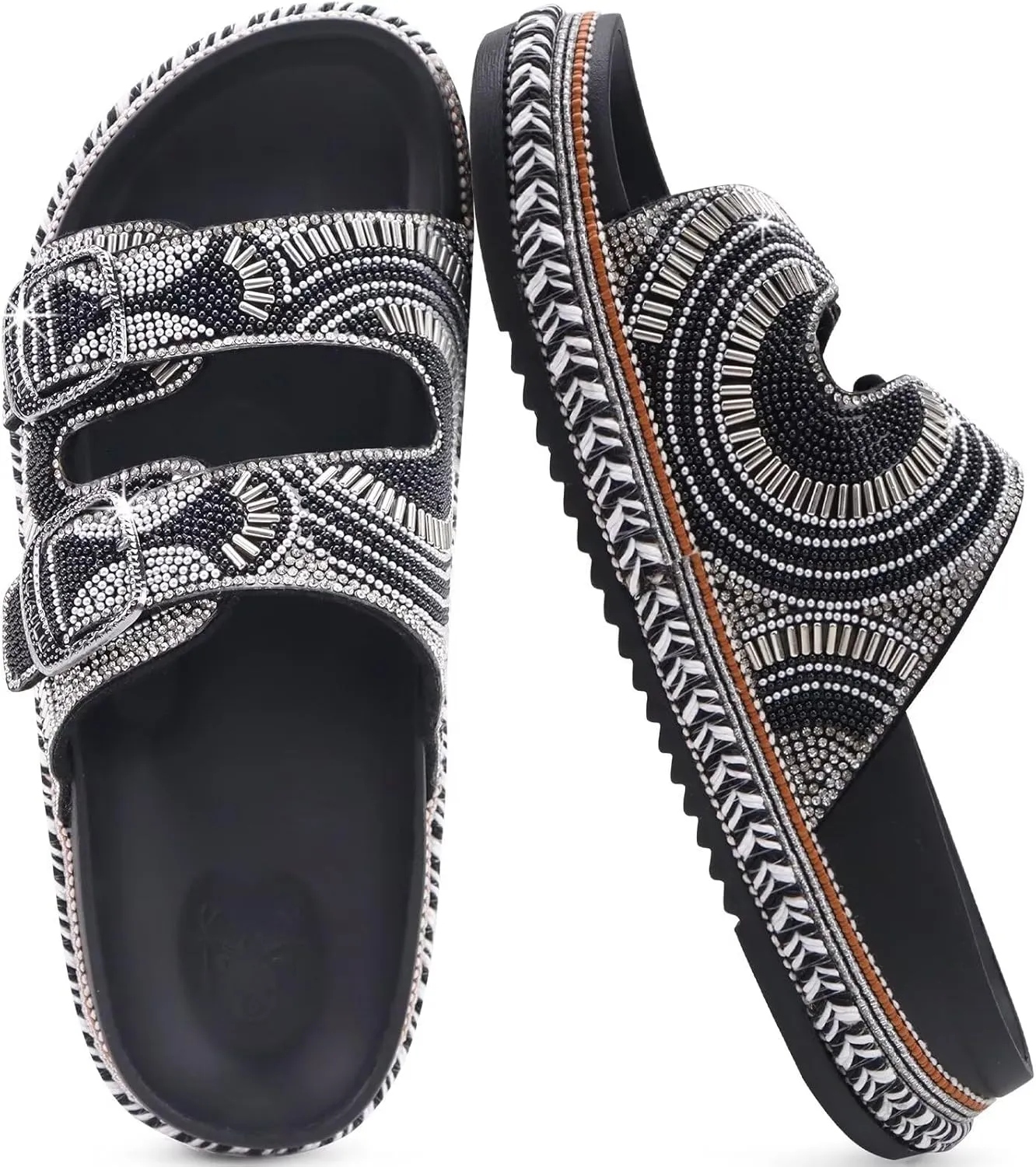 KuaiLu Womens Glitter Sandals with Arch Support Comfortable Orthopedic Cushion Recovery Slides Summer Fashion Sparkly Rhinestones Sandals Slip On Plantar Fasciitis Slippers for Indoor Outdoor