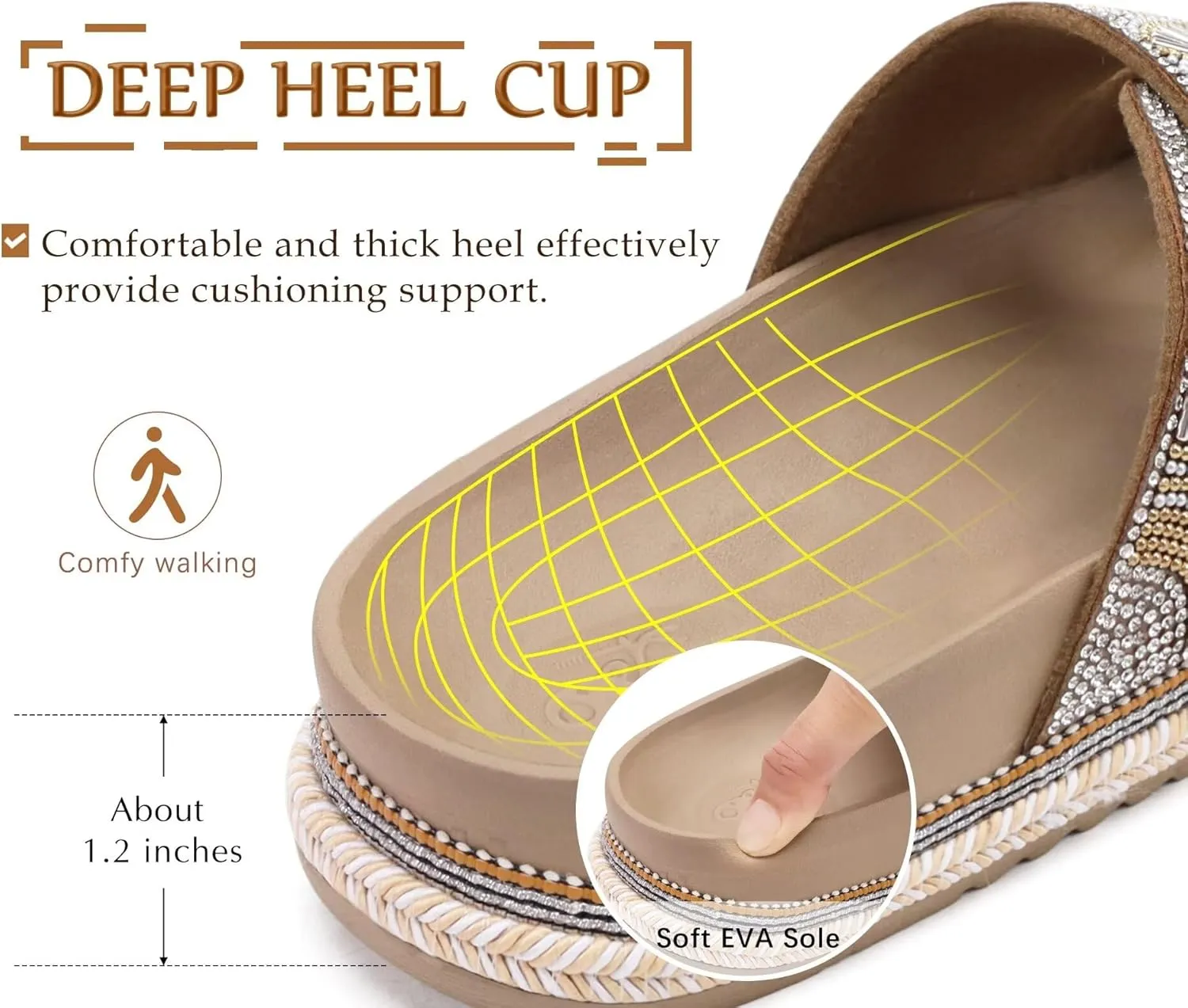 KuaiLu Womens Glitter Sandals with Arch Support Comfortable Orthopedic Cushion Recovery Slides Summer Fashion Sparkly Rhinestones Sandals Slip On Plantar Fasciitis Slippers for Indoor Outdoor