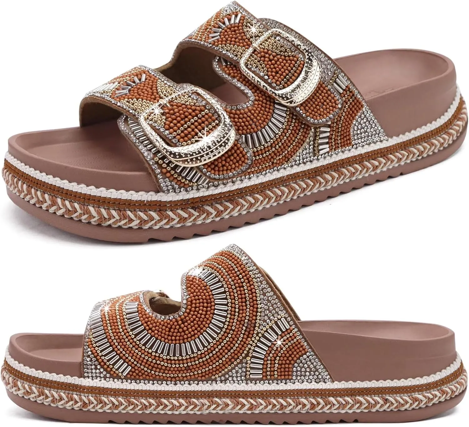 KuaiLu Womens Glitter Sandals with Arch Support Comfortable Orthopedic Cushion Recovery Slides Summer Fashion Sparkly Rhinestones Sandals Slip On Plantar Fasciitis Slippers for Indoor Outdoor