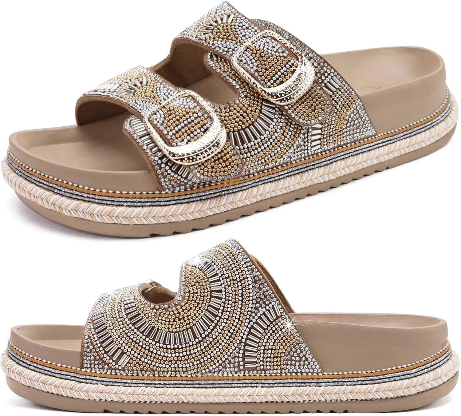 KuaiLu Womens Glitter Sandals with Arch Support Comfortable Orthopedic Cushion Recovery Slides Summer Fashion Sparkly Rhinestones Sandals Slip On Plantar Fasciitis Slippers for Indoor Outdoor